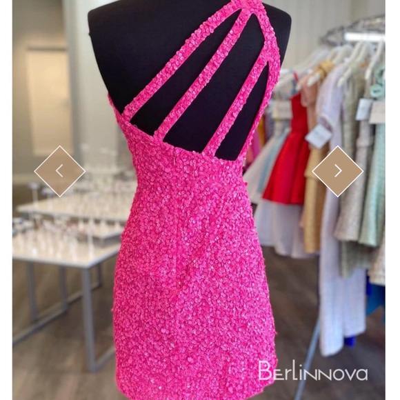 Fuscia Asymmetrical One Shoulder Sequin Cocktail Dress - Picture 2 of 5
